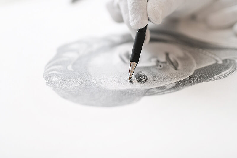 Atlanta Weiss Portrait Drawing Face Child Pencil on Paper Graphite White Gloves Art studio Artist draws