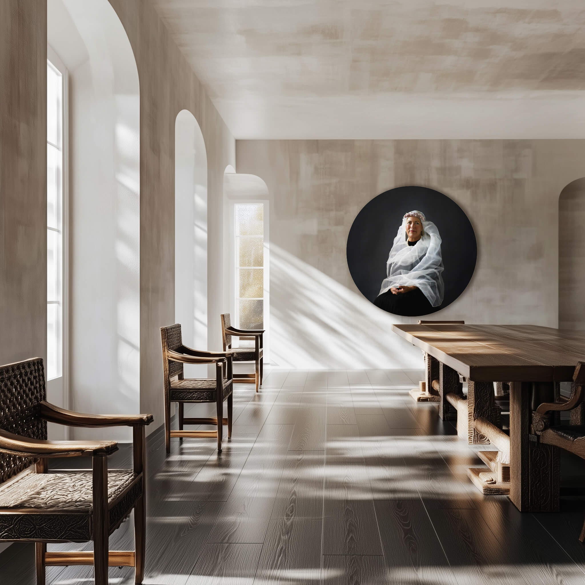 The Oracle by Atlanta Weiss, a circular portrait of a seated figure in white, shown in a sunlit interior with arched windows.